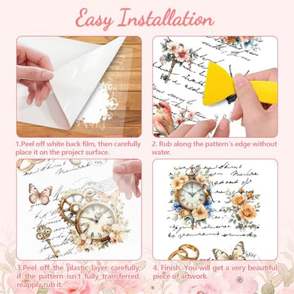 Peacoblue Clock Flowers Bird Rub On Transfers for Furniture Craft 6"x12" - style: Clock Flowers Bird