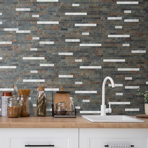 AULIGET 2 Sheets Rust Slate Peel and Stick Backsplash, PVC Mixed Metal Silver Wall Tile Stick on Backsplash for Kitchen and Bathroom - color: Rust Slate + Metal Silver, size: 2 Sheets, 6"x12"x0.12"