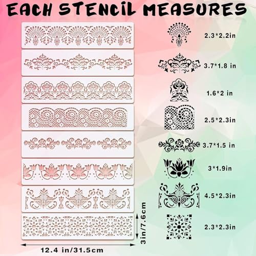 8 Pieces Ornate Border Stencil Flower Template Cake Decorating Templates Reusable DIY Art and Craft Stencil Floral Edge Baking Tool for Painting On Wood|Canvas|Paper|Fabric
