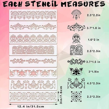 8 Pieces Ornate Border Stencil Flower Template Cake Decorating Templates Reusable DIY Art and Craft Stencil Floral Edge Baking Tool for Painting On Wood|Canvas|Paper|Fabric