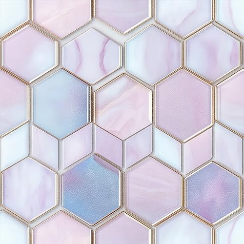 HOMETITUTE Pink Blue Hexagon Honeycomb Floor 12x12 Vinyl Tile - color: Pink