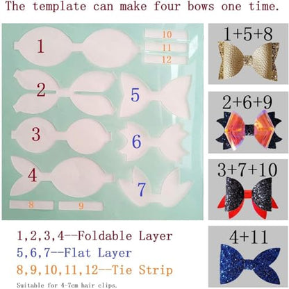 Reusable Faux Leather Bows Making Template,Plastic Cutting Stencil for DIY Hair Accessories Journal Scrapbook, Add 2 pcs A4 Size Random Glitter Sheets (Medium Size) - style: Medium Size