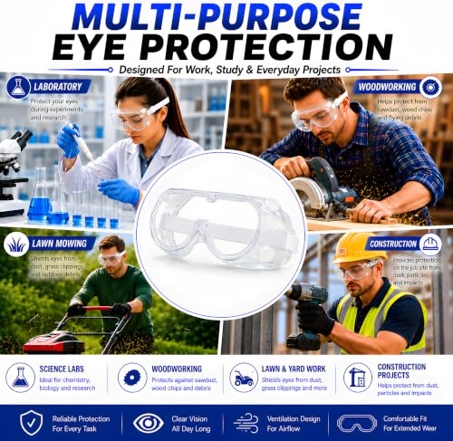 Safety Goggles Over Glasses, Anti Fog Protective Eyewear for Chemistry Lab, Woodworking, Mowing, Construction - color: 2 Pack