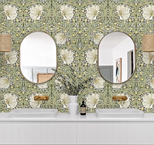 HAOKHOME William Morris Style Wallpaper Sage Green Mural 17.3in x 32.8ft - color: Sage Green/Yellow, size: L: 17.3in x 32.8ft