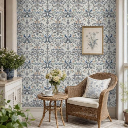 Blue Peacock Damask Peel and Stick Boho Wallpaper 17.5"x 118" - color: Blue, size: 17.5" x 118"