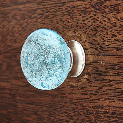 Aqua Blue Bubbles Glass (Nickel) Decorative Dresser Drawer, Kitchen Cabinet or Door Knob Pull - Pack of 6