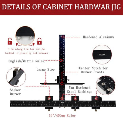 Cabinet Hardware Jig, Cabinet Handle Template Jig Tool Adjustable Drill Guide for Door Drawer Front Handles and Knobs Punch Locator (Matte Black)