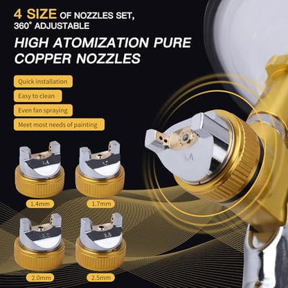 HVLP Spray Gun Kit, 4 Nozzles,10 Disposable Paint Cup System,Gold - color: gold