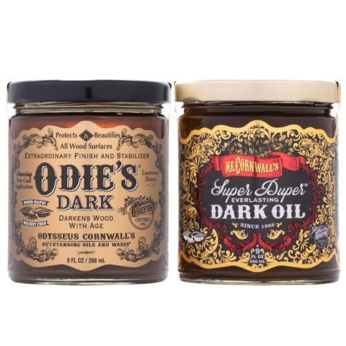 Odie’s Dark Oil & Super Duper Dark Oil Combo Universal Finish Kit – 2-in-1 Bundle (Two 9 oz Jars) – Non-Toxic, Food-Safe, Waterproof Hard Wax Oil Protector for Wood, Metal, Leather & More