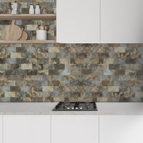 AULIGET 100-Piece Beige & Brown Slate Peel and Stick Backsplash Wall Tiles, 3" x 6" PVC Faux Stone Stick on Tile for Backsplash Kitchen, Bathroom, Laundry Room, Camper, Fireplace - color: Beige & Brown Slate