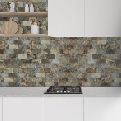 AULIGET 100-Piece Beige & Brown Slate Peel and Stick Backsplash Wall Tiles, 3" x 6" PVC Faux Stone Stick on Tile for Backsplash Kitchen, Bathroom, Laundry Room, Camper, Fireplace - color: Beige & Brown Slate