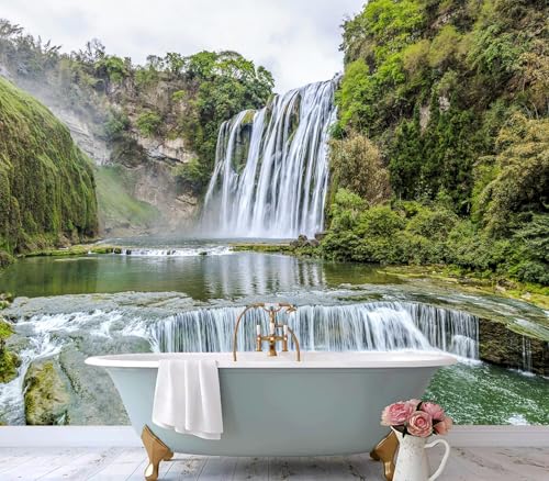 Majestic Green Forest Waterfall Landscape Peel and Stick Wallpaper - color: No.12, size: 80" x 61"