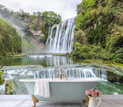 Majestic Green Forest Waterfall Landscape Peel and Stick Wallpaper - color: No.12, size: 80" x 61"