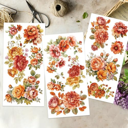 OLYCRAFT 3Pcs/Set Orange Flower Rub on Transfers for Furniture and Craft 6x12 Inch Peony Furniture Decal Transfer Sticker Rub on Decal with 1pc Scraper for Scrapbook Window Home Decoration - style: Orange Flower