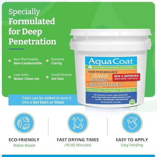Aqua Coat NEW and Improved High Performance Eco-Friendly Water-Based Clear Wood Grain Filler Gel, Easily Sandable, Stainable, Paintable, Water Cleanup, Low Odor, Low VOC, Fast Drying, 128 oz - size: Gallon