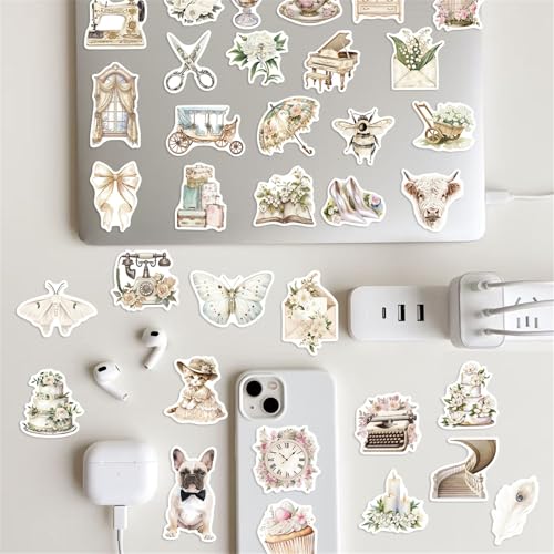 50pcs Cute White Aesthetic Stickers Cute Vinyl Laptop Decals, Waterproof White Renaissance Aesthetic Stickers, Pack for Girls Water Bottles Laptop Computer Phone Guitar - color: White