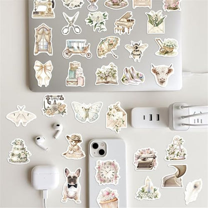 50pcs Cute White Aesthetic Stickers Cute Vinyl Laptop Decals, Waterproof White Renaissance Aesthetic Stickers, Pack for Girls Water Bottles Laptop Computer Phone Guitar - color: White
