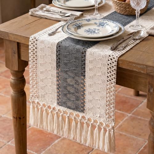 Boho Macrame Table Runner with Tassels 72in Grey Farmhouse Runner - color: White & Grey, size: 12'' x 72''