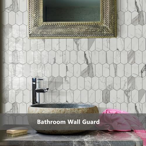 Vamos Tile Long Hexagon Peel and Stick Backsplash Tile - 10 Sheets Stick on Backsplash for Kitchen and Bathroom 12.4 x 12 Inch Glossy Carrara White PVC Self Adhesive Mosaic Wall Tiles - color: Glossy Carrara White