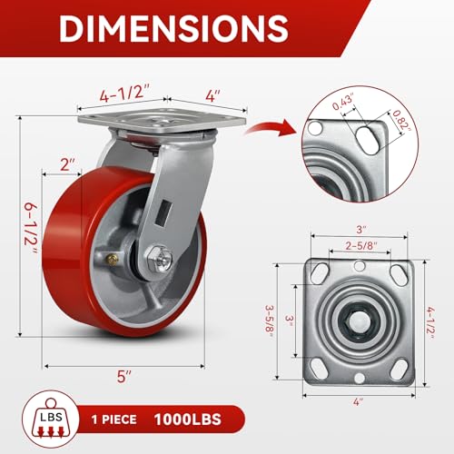5"x2" Industrial Casters- Heavy Duty casters,Polyurethane Casters Wheel,Capacity up to 4000 Lb. Use for Platform Truck, U-Boat Cart,Workbenches(4 Swivel) - style: 5 inch
