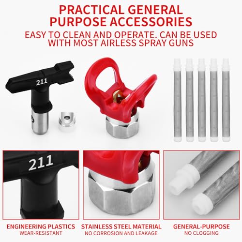 3600 PSI High Airless Paint Sprayer Gun with Nozzle Guard and with 5 Spray Nozzle Tips and 5 Airless Paint Sprayer Gun Filters and 16Inch(40CM) Spray Painted Extension Pole (211, 313, 415, 517, 623)