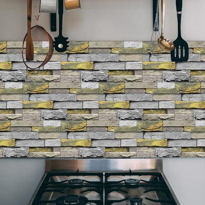 Alwayspon 24Pcs 12x6inch Peel&Stick Wall Sticker Vinly Wallpaper, Waterproof Backsplash for Kitchen Bathroom, Self-Adhesive Tile Transfers Decal Stick on Tiles with Yellow Stone Brick Effect - color: Fg-l14, size: 24 Pcs