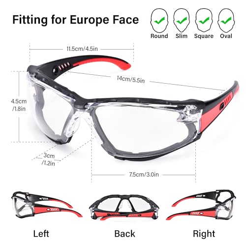 SAFEYEAR Safety Glasses Anti Fog Scratch Resistant ANSI Z87.1 CE Protective Eyewear with Foam Gasket Adjustable Strap - color: Black & Red