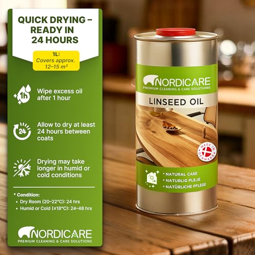 Nordicare Linseed Oil for Wood - 100% Pure & Natural Linseed Oil for Entire Indoor Area - Food-Safe Raw - Furniture - Underlines the Original Wood Structure - Made in Denmark (34oz) - size: 1 l
