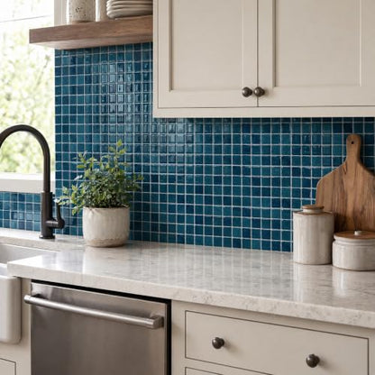 3D Mosaic Peel and Stick DIY Backsplash Tiles (24, Deep Ocean Teal) - color: Deep Ocean Teal