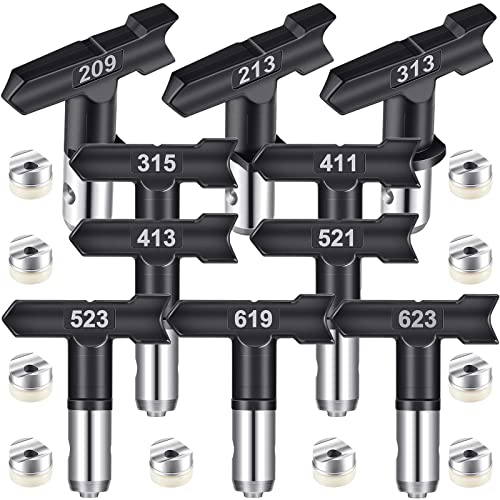 Moxweyeni 10 Pcs Reversible Airless Spray Tips Set (209 213 313 315 411 413 521 523 619 623), Tungsten Carbide Paint Sprayer Nozzles for Airless Sprayer, Spray Range 4"-14" for Wall Fence Deck Cabinet - size: 209-623 Sizes