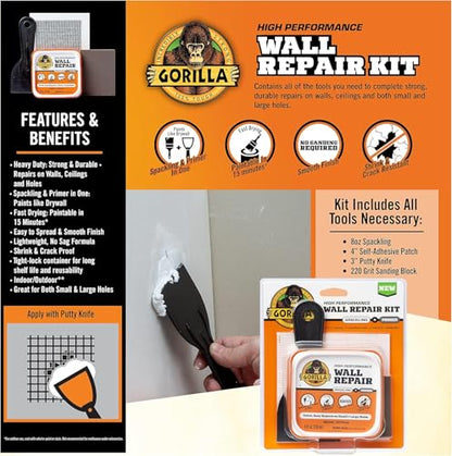 GORILLA Wall Repair Kit, Heavy Duty Spackling Tub, 4 in Patch, 8 Fl Oz (Pack of 2) - size: 8 Fl Oz (Pack of 2)