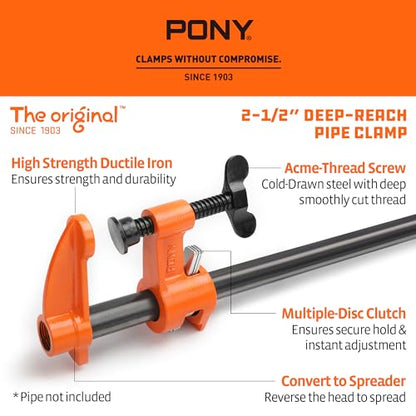 PONY The Original 2 Pack 3/4″ Deep-Reach Pipe Clamp for Woodworking
