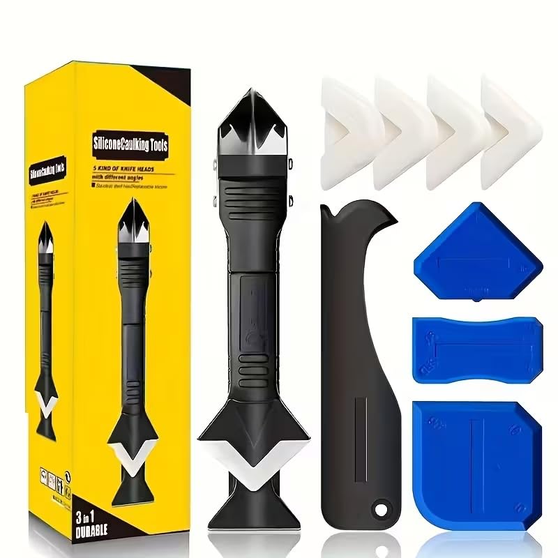 Multi-Purpose Caulking Tool Kit, Caulk Remover Grout Scraper with 5 Replaceable Silicone Tips for Kitchen Bathroom Tile Floor Window Home Improvement(9pcs/set)