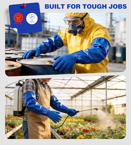 AnTools 25" Heavy-Duty PVC Chemical Gloves, Waterproof Long-Sleeve Work Gloves with Cotton Liner and Non-Slip Grip, for Lab, Pool Cleaning, Oil, and Industrial Work, Blue, Large