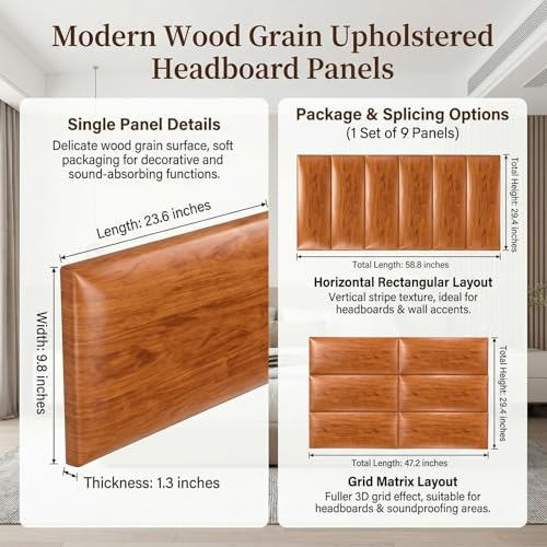 Xuhal 70.8 x 29.4 in Peel and Stick Queen Headboard, 9 Panels, Oak