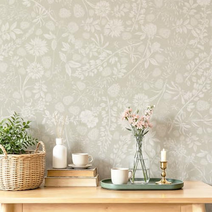 Safiyya Beige Floral Wallpaper Peel and Stick Boho Contact Paper - color: Beige, size: 17.3" x 78.7"