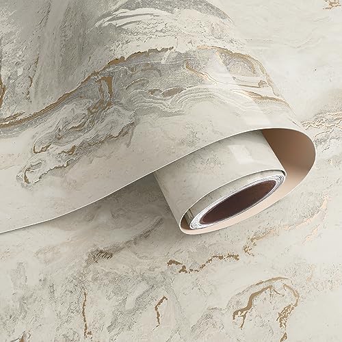 VaryPaper 15.7''x78.7'' Glossy Marble Wallpaper, Beige-Grey-Gold, Peel and Stick, Self-Adhesive, Thick, Durable, Removable, Waterproof, for Countertops, Kitchen, Bathroom, Desk, DIY Projects - color: Glossy-Beige Grey Gold, size: 15.7" x 78.7"