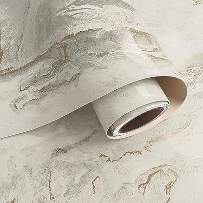 VaryPaper 15.7''x78.7'' Glossy Marble Wallpaper, Beige-Grey-Gold, Peel and Stick, Self-Adhesive, Thick, Durable, Removable, Waterproof, for Countertops, Kitchen, Bathroom, Desk, DIY Projects - color: Glossy-Beige Grey Gold, size: 15.7" x 78.7"