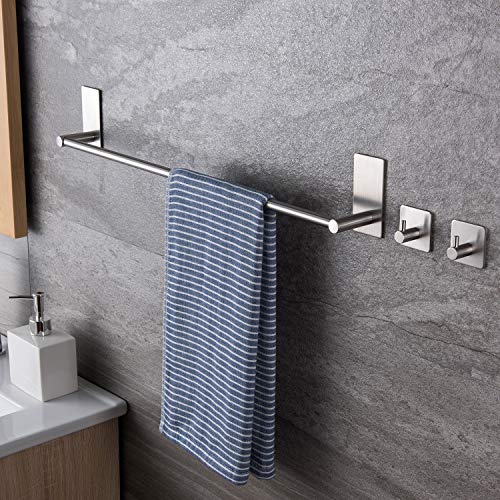 Taozun 16-Inch Self-Adhesive Towel Bar with 2 Pack Hooks, Stainless Steel - color: Silver, size: 16-Inch