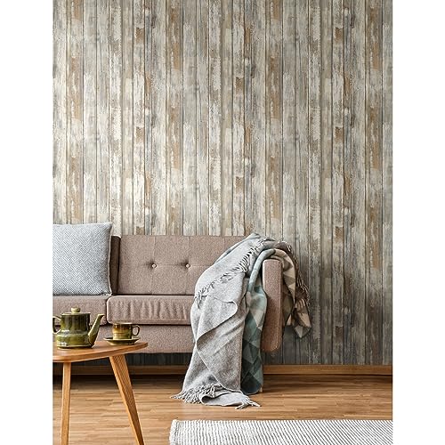RoomMates White Distressed Wood Peel and Stick Wallpaper - color: Rustic Wood