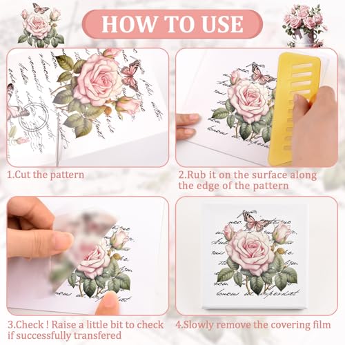 WANDIC 12 Sheets Retro Rub On Transfer Stickers,Pink Retro Flowers Decals Rose Stickers with Letters Furniture Windows Craft Wall Decals for DIY Scrapbooking,12 * 6in - color: Pink Flower, size: 12 Sheets