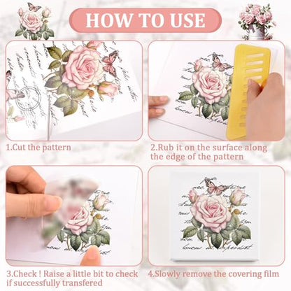 WANDIC 12 Sheets Retro Rub On Transfer Stickers,Pink Retro Flowers Decals Rose Stickers with Letters Furniture Windows Craft Wall Decals for DIY Scrapbooking,12 * 6in - color: Pink Flower, size: 12 Sheets