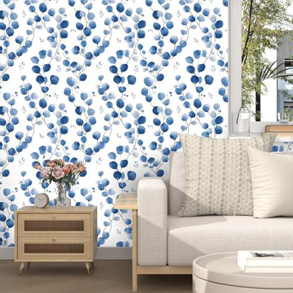 Laatse Light Blue Leaf Floral Wallpaper Peel and Stick 17.5" × 118" - color: Blue Leaf, size: 17.5" x 118"