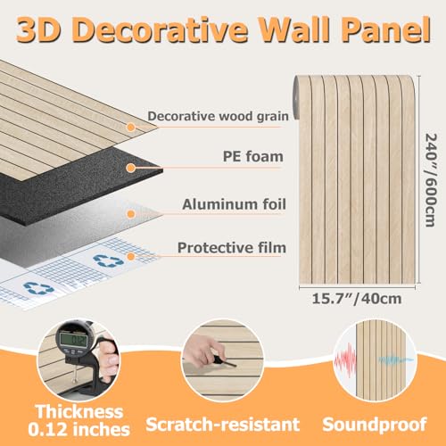 Arthome Peel and Stick Slat Wall Panels 15.7 "x240,Self-Adhesive PVC Wood Grain Wallpaper Panel,3D Thick Faux Soundproof Backsplash Accent Wall Tile for Walls & Furniture (Beige- Coverage 26 Sq.ft) - color: Beige, size: 15.7" x 240"
