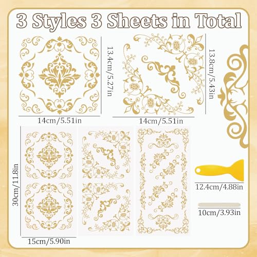 WANDIC 3 Pcs Rub on Transfer Stickers for Craft, Golden Mandala Retro Border Furnitures Decals European Style Stickers for DIY Scrapbooking Photo Albums Laptop