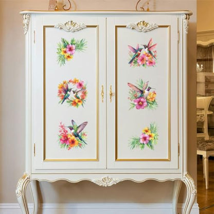 Peacoblue Hummingbirds and Flowers Rub On Transfers for Furniture 6"x12" - style: Colorful Hummingbirds and Flowers
