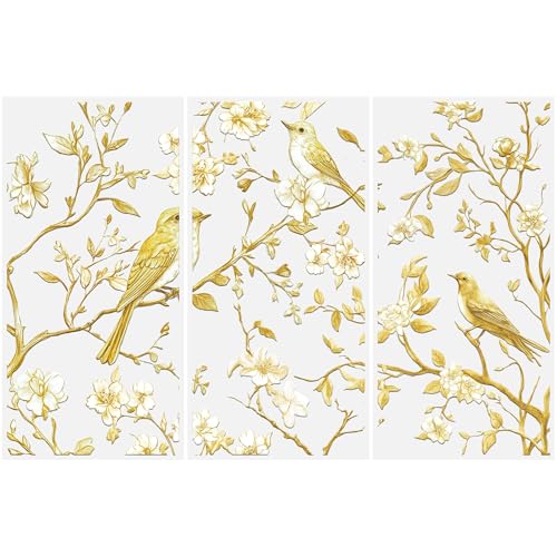 Rub on Transfers for Crafts, 3 Sheets Gold Bird Flower Tree Rub on Transfer Sticker Decals Waterproof Furniture Transfer UV DTF for Glass Wood Home Decor - color: Gold Bird