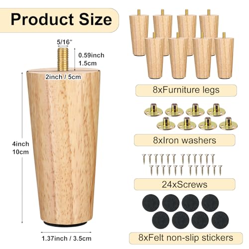 Maitys 4 Inch Round Solid Furniture Legs Furniture Wooden Replacement Chair Feet Dresser Sofa Couch Legs Table Cabinet Footstool DIY Projects for Home(Wood,8 Pcs) - color: Wood