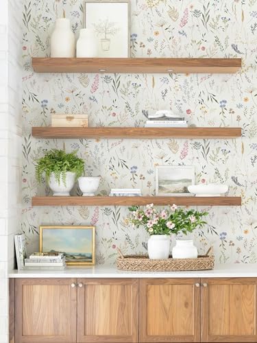 Dimoon 787"x16.1" Floral Peel and Stick Wallpaper Beige Contact Paper Thicken Wallpaper Delicate Flower Waterproof Green Leaf White Self Adhesive Removable Wall Paper Shelf Liner Decal Vinyl Roll - color: Beige-Smooth, size: 16.1" x 787"