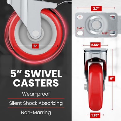 Caster Wheels Swivel Plate w/ Brake Casters On Red Polyurethane Wheels (5 inch with Brake) - size: 5 inch with Brake